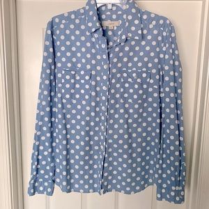 LOFT chambray button down shirt with white polka dots- size L